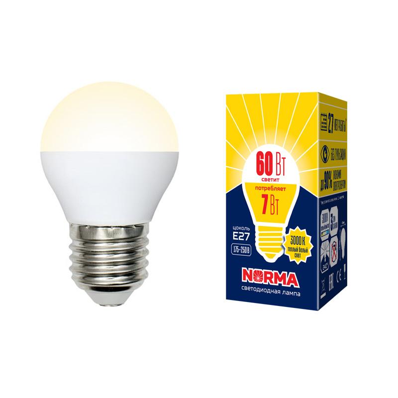 Лампа светодиодная LED-G45-7W/WW/E27/FR/NR LED. "шар", матовая. Серия Norma. 3000K