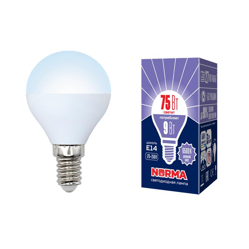 Лампа светодиодная LED-G45-9W/DW/E14/FR/NR LED. "шар", матовая. Серия Norma. 6500K
