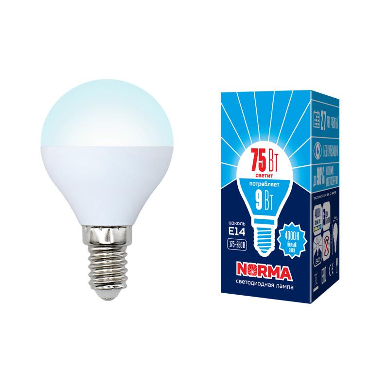 Лампа светодиодная LED-G45-9W/NW/E14/FR/NR LED. "шар", матовая. Серия Norma. 4000K