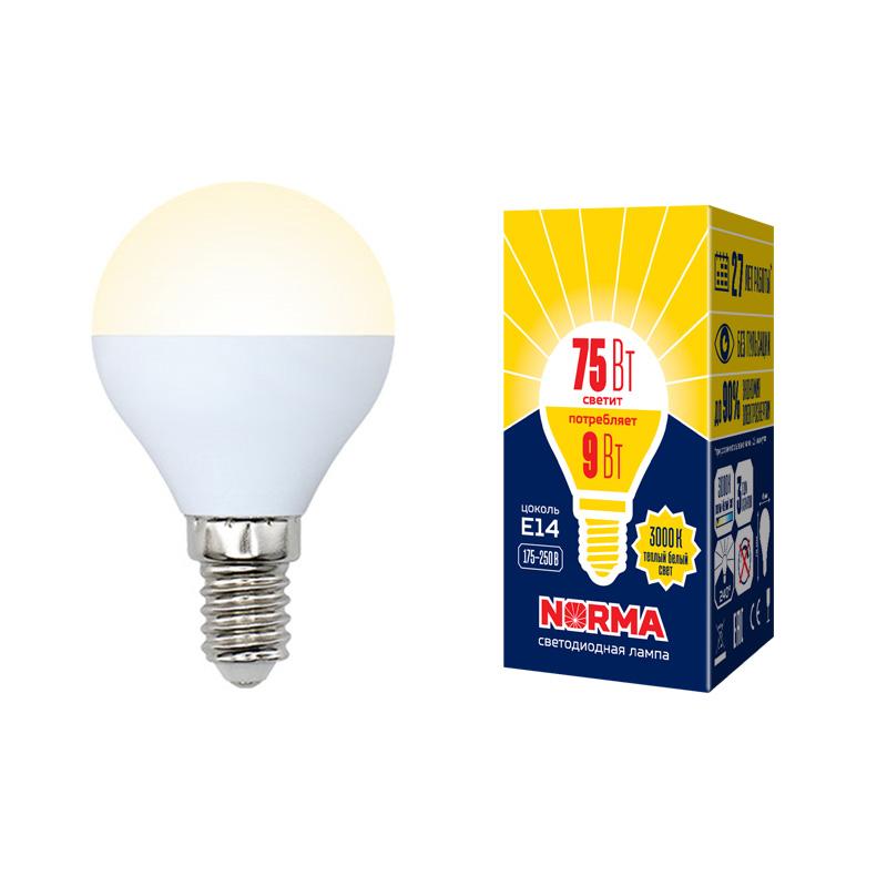 Лампа светодиодная LED-G45-9W/WW/E14/FR/NR LED. "шар", матовая. Серия Norma. 3000K