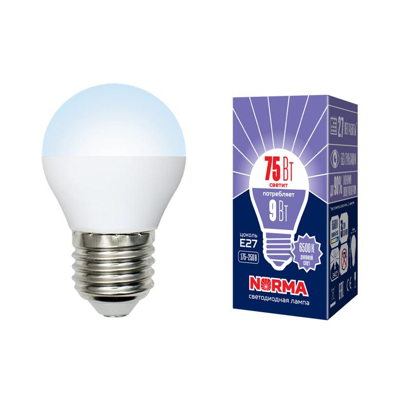 Лампа светодиодная LED-G45-9W/DW/E27/FR/NR LED. "шар", матовая. Серия Norma. 6500K