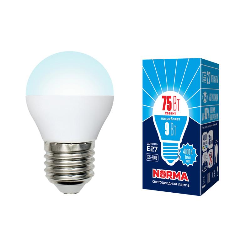 Лампа светодиодная LED-G45-9W/NW/E27/FR/NR LED. "шар", матовая. Серия Norma. 4000K