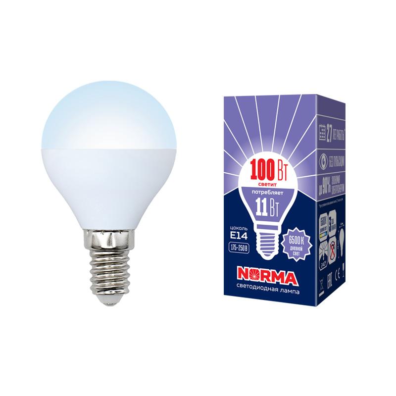 Лампа светодиодная LED-G45-11W/DW/E14/FR/NR LED. "шар", матовая. Серия Norma. 6500K
