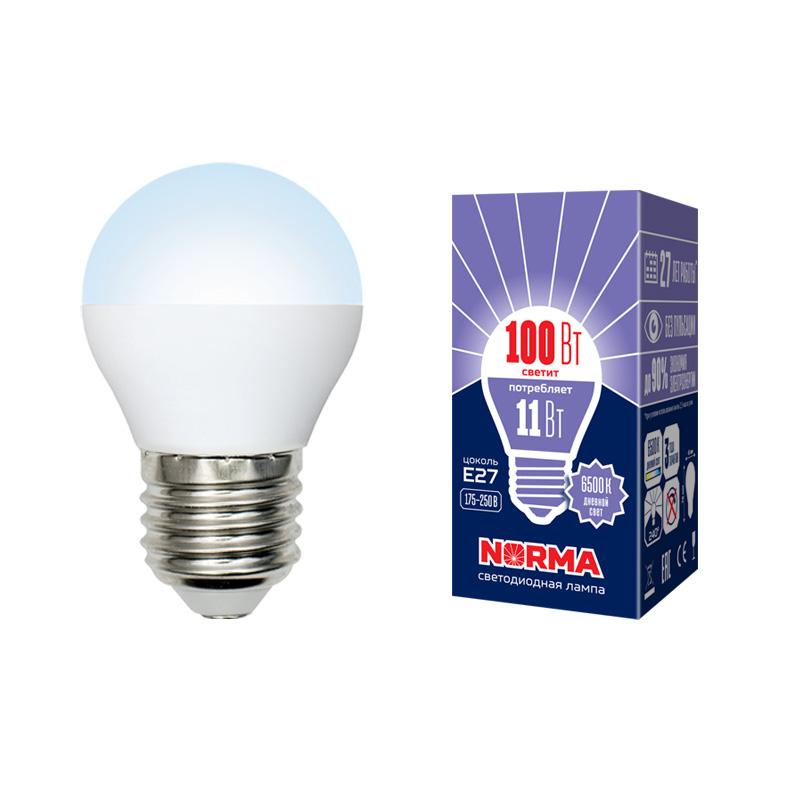Лампа светодиодная LED-G45-11W/DW/E27/FR/NR LED. "шар", матовая. Серия Norma. 6500K