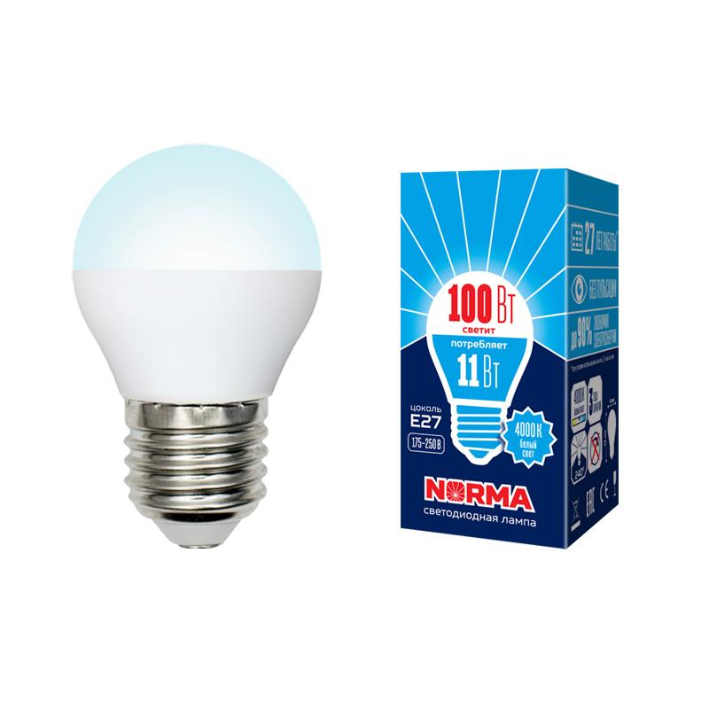 Лампа светодиодная LED-G45-11W/NW/E27/FR/NR LED. "шар", матовая. Серия Norma. 4000K