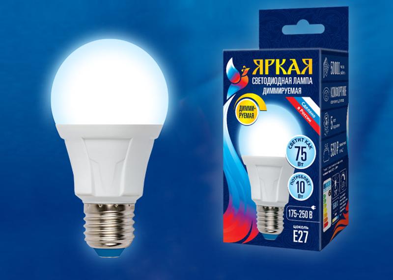 Лампа светодиодная LED-A60 10W/6500K/E27/FR/DIM PLP01WH LED, димм.. "груша", мат, серия Яркая, пр-во Россия, 6500К .