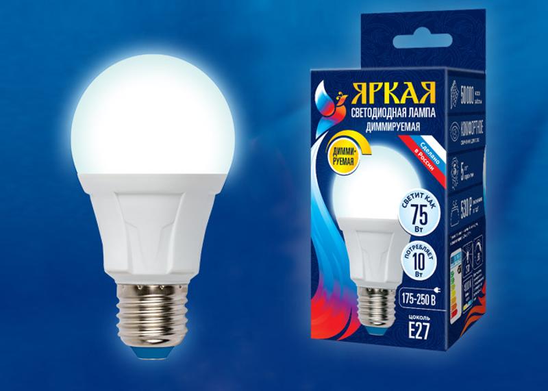 Лампа светодиодная LED-A60 10W/4000K/E27/FR/DIM PLP01WH LED, димм.. "груша", мат, серия Яркая, пр-во Россия, 4000К .