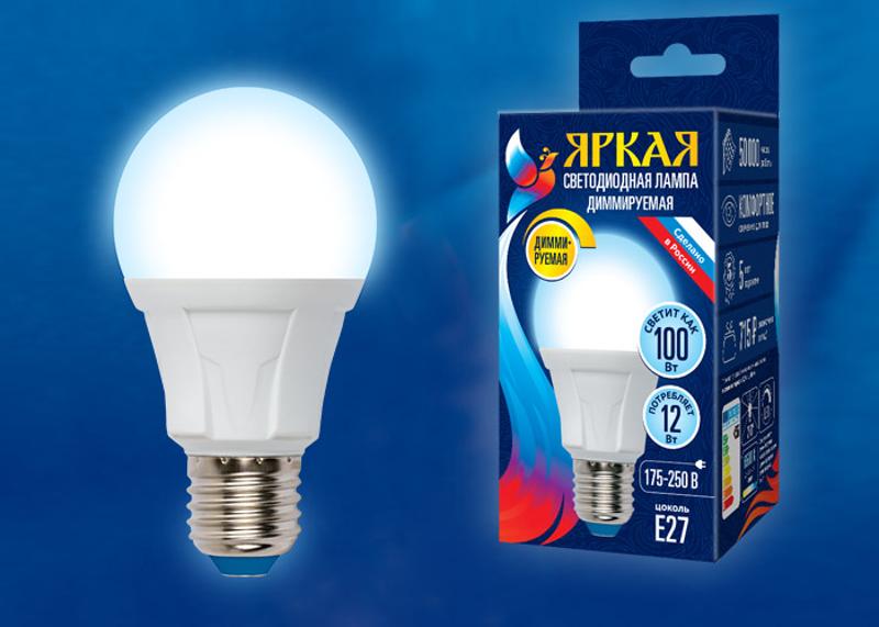 Лампа светодиодная LED-A60 12W/6500K/E27/FR/DIM PLP01WH LED, димм.. "груша", мат, серия Яркая, пр-во Россия, 6500К .