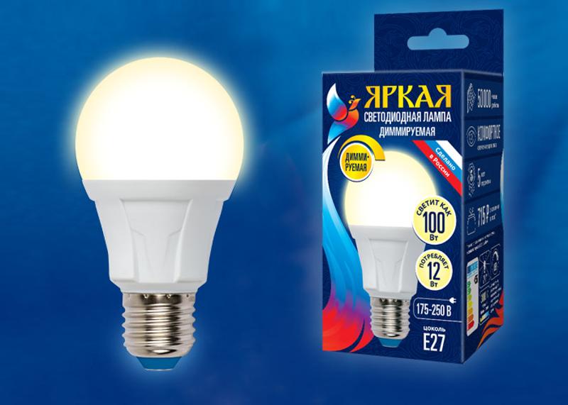 Лампа светодиодная LED-A60 12W/3000K/E27/FR/DIM PLP01WH LED, димм.. "груша", мат, серия Яркая, пр-во Россия, 3000К .