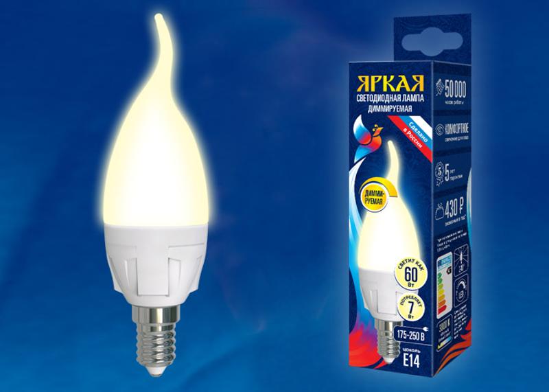 Лампа светодиодная LED-CW37 7W/3000K/E14/FR/DIM PLP01WH LED, димм.. «свеча на ветру», мат, серия Яркая, пр-во Россия, 3000К .