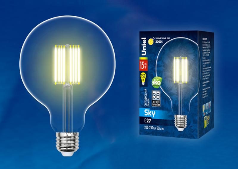 Лампа светодиодная LED-G125-15W/3000K/E27/CL PLS02WH LED. "шар", прозр.3000K Серия Sky