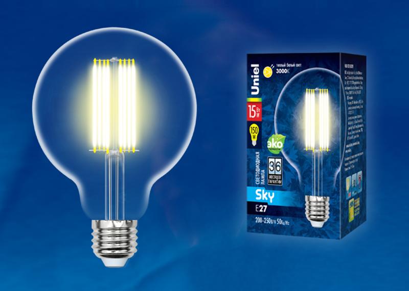 Лампа светодиодная LED-G95-15W/3000K/E27/CL PLS02WH LED. "шар", прозр.3000К Серия Sky