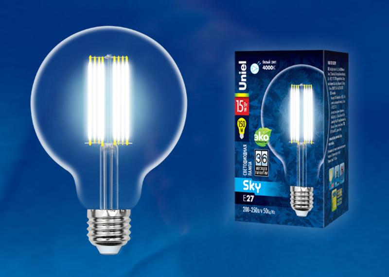 Лампа светодиодная LED-G95-15W/4000K/E27/CL PLS02WH LED. "шар", прозр. 4000К Серия Sky