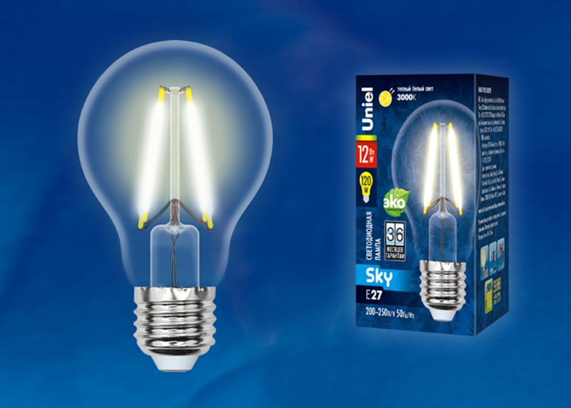 Лампа светодиодная LED-A60-12W/3000K/E27/CL PLS02WH LED. "груша" прозр. Серия Sky. 3000К .