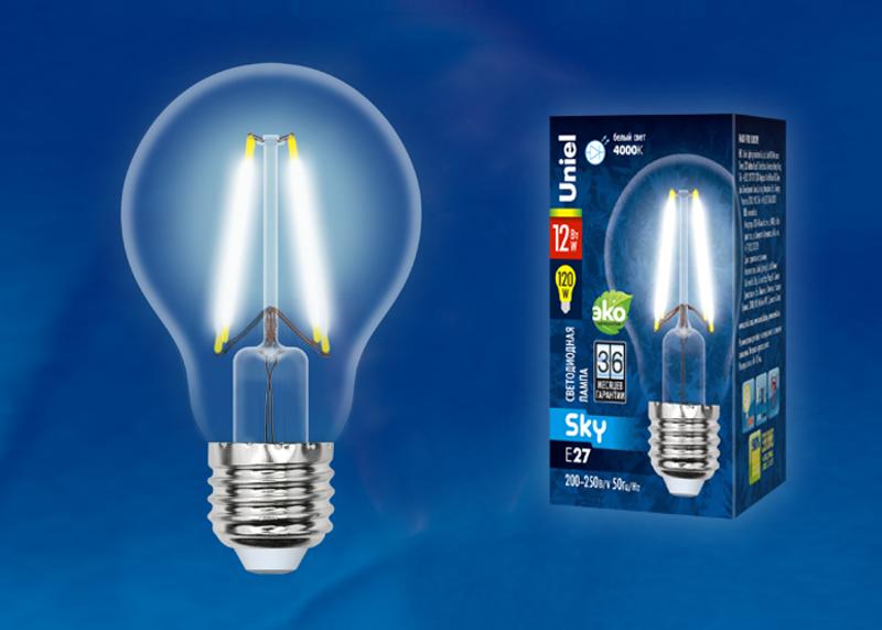Лампа светодиодная LED-A60-12W/4000K/E27/CL PLS02WH LED. "груша" прозр. Серия Sky. 4000К .