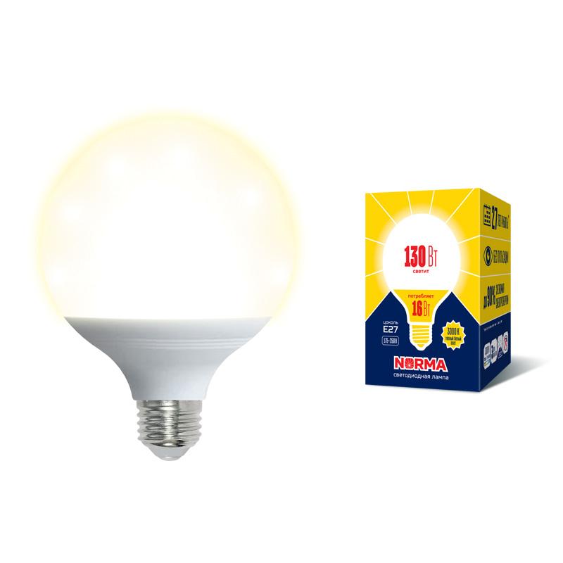 Лампа светодиодная LED-G95-16W/3000K/E27/FR/NR LED. "шар", матовая. Серия Norma. 3000K