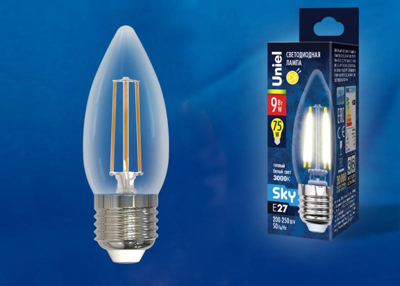 Лампа светодиодная LED-C35-9W/3000K/E27/CL PLS02WH LED. "свеча", прозр. Серия Sky. 3000К .