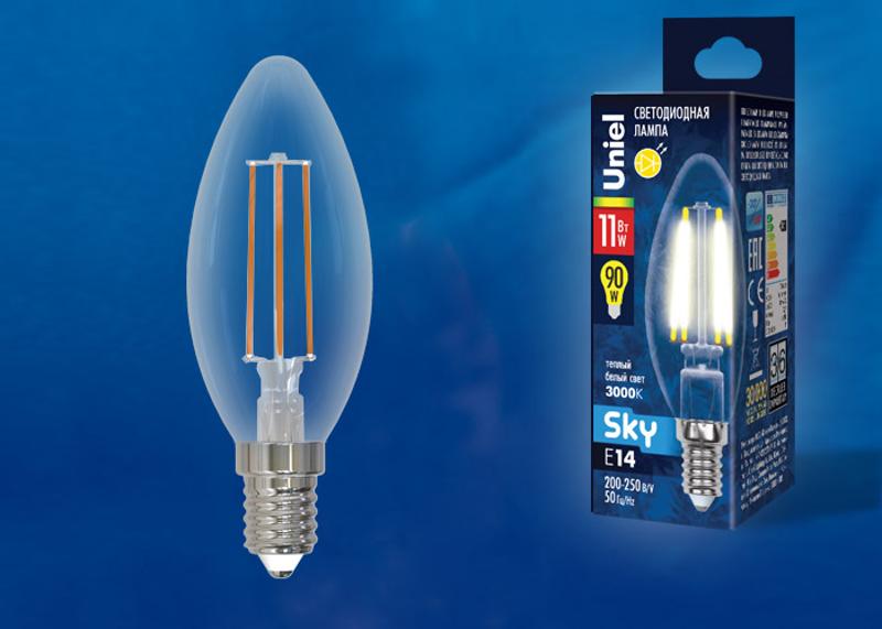 Лампа светодиодная LED-C35-11W/3000K/E14/CL PLS02WH LED. "свеча", прозр. Серия Sky. 3000К .