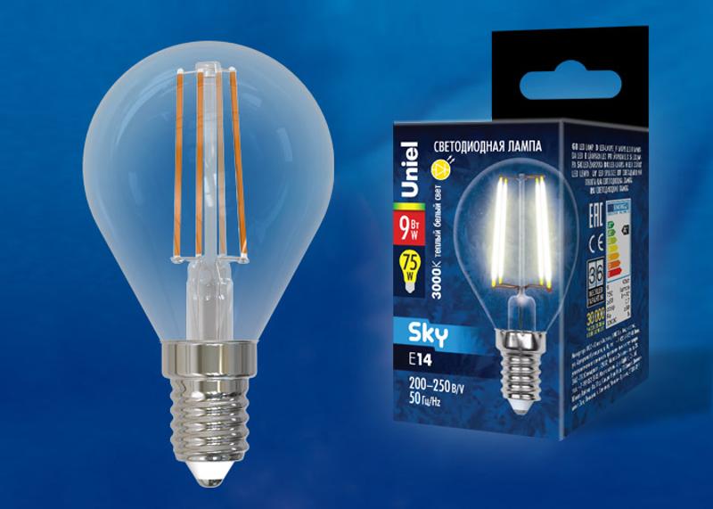 Лампа светодиодная LED-G45-9W/3000K/E14/CL PLS02WH LED. "шар", прозр.3000К Серия Sky.