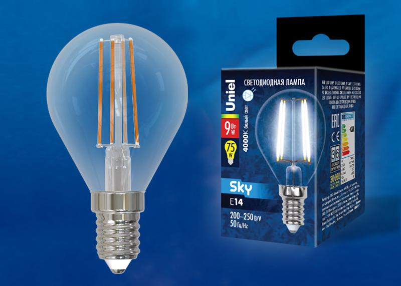 Лампа светодиодная LED-G45-9W/4000K/E14/CL PLS02WH LED. "шар", прозр.. 4000К Серия Sky.