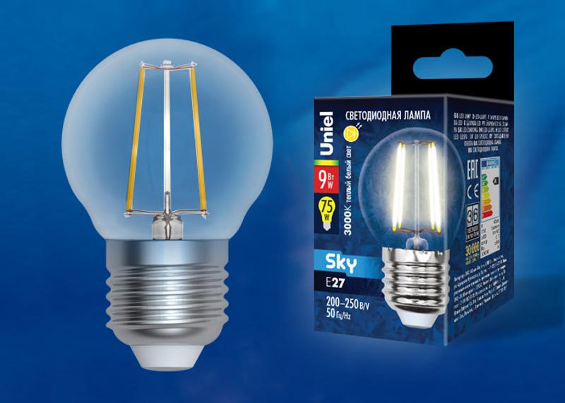 Лампа светодиодная LED-G45-9W/3000K/E27/CL PLS02WH LED. "шар", прозр. 3000К Серия Sky.