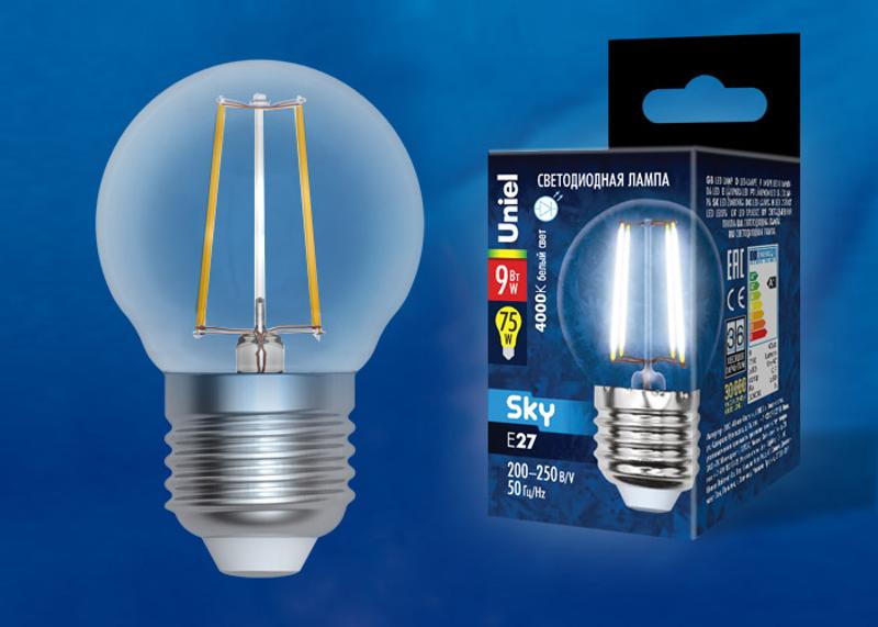 Лампа светодиодная LED-G45-9W/4000K/E27/CL PLS02WH LED. "шар", прозр. 4000К Серия Sky
