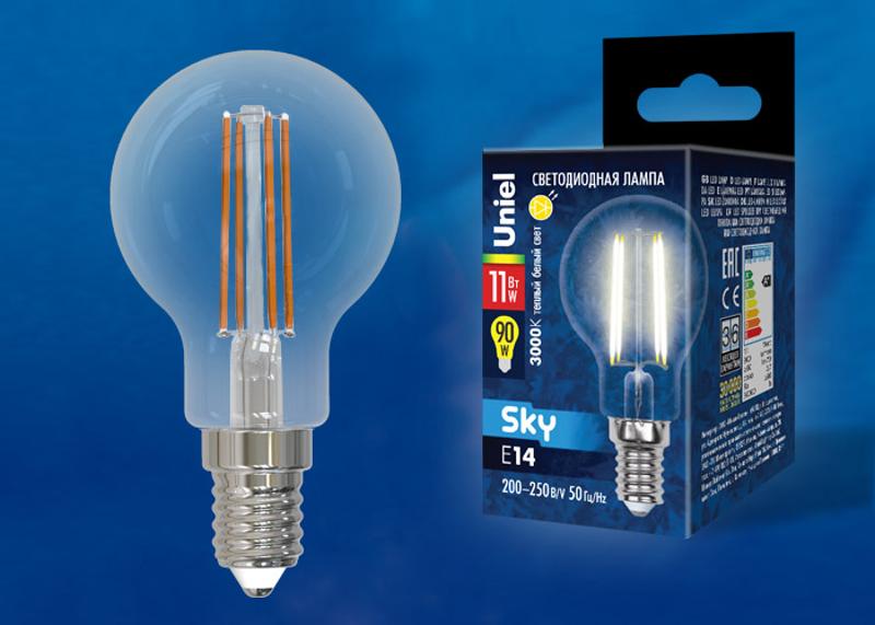 Лампа светодиодная LED-G45-11W/3000K/E14/CL PLS02WH LED. "шар", прозр. 3000К Серия Sky