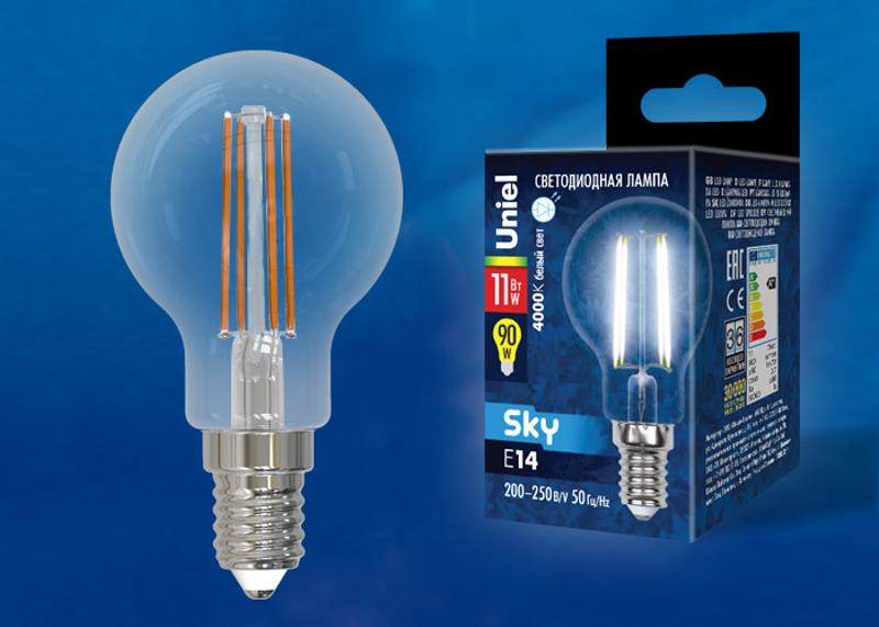Лампа светодиодная LED-G45-11W/4000K/E14/CL PLS02WH LED. "шар", прозр.4000К Серия Sky