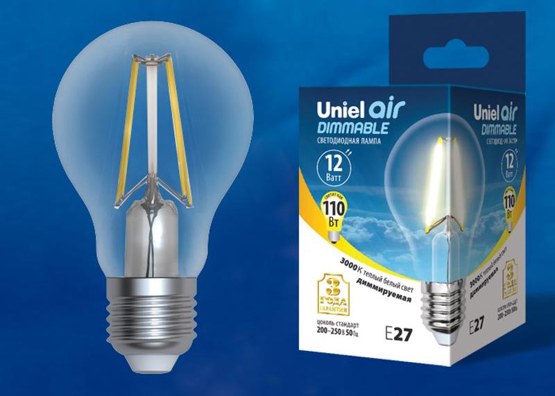Лампа светодиодная LED-A60-12W/3000K/E27/CL/DIM GLA01TR LED диммируемая. "груша" прозр серия Air. 3000K