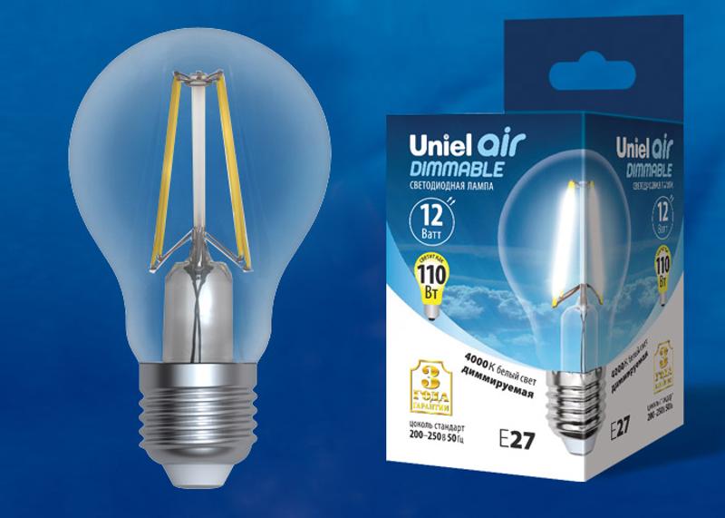 Лампа светодиодная LED-A60-12W/4000K/E27/CL/DIM GLA01TR LED диммируемая. "груша" прозр серия Air. 4000K