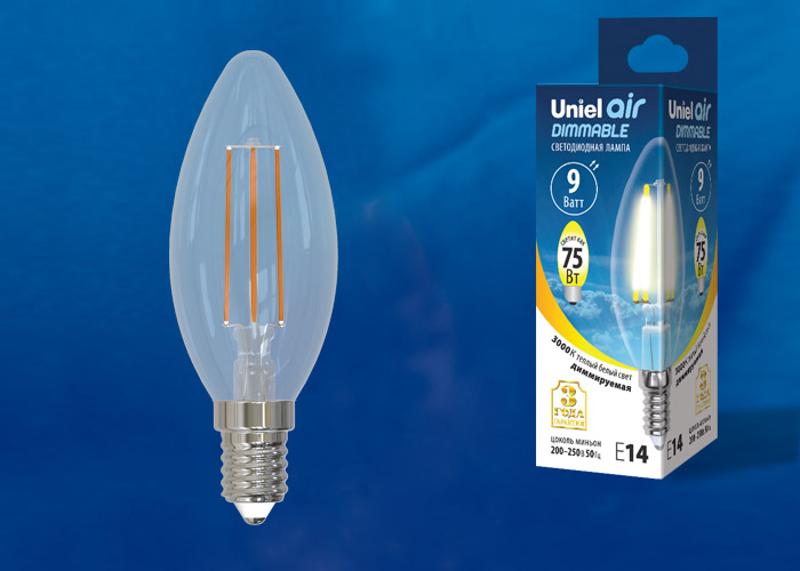 Лампа светодиодная LED-C35-9W/3000K/E14/CL/DIM GLA01TR LED диммируемая. "свеча", прозр серия Air. 3000K