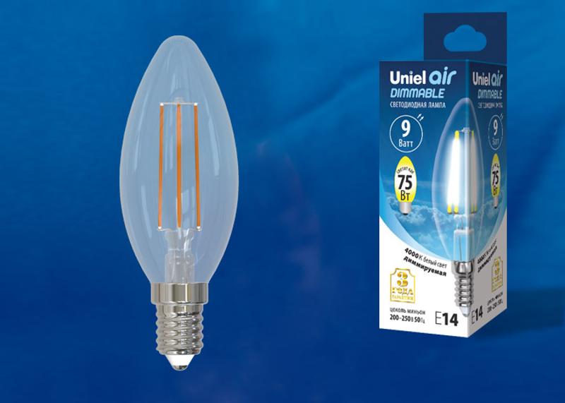 Лампа светодиодная LED-C35-9W/4000K/E14/CL/DIM GLA01TR LED диммируемая. "свеча", прозр серия Air. 4000K