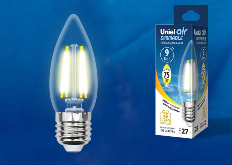 Лампа светодиодная LED-C35-9W/3000K/E27/CL/DIM GLA01TR LED диммируемая. "свеча", прозр серия Air. 3000K