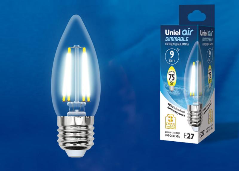 Лампа светодиодная LED-C35-9W/4000K/E27/CL/DIM GLA01TR LED диммируемая. "свеча", прозр серия Air. 4000K