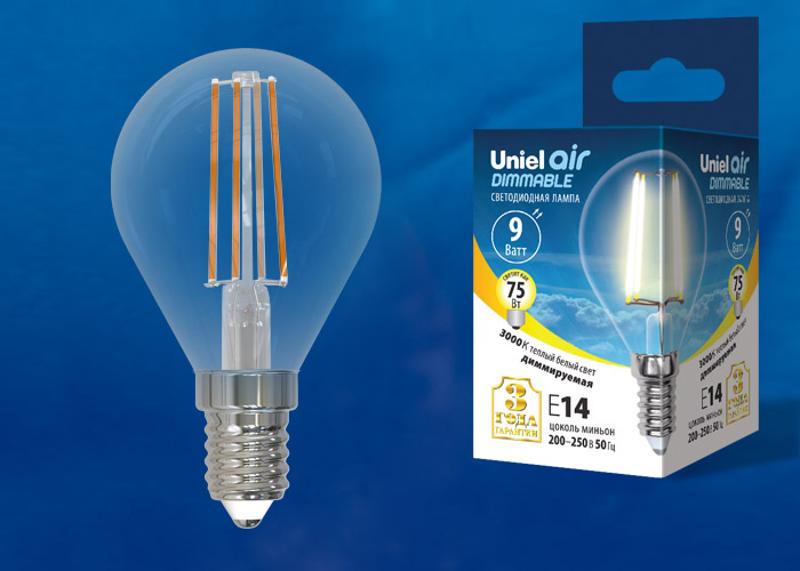 Лампа светодиодная LED-G45-9W/3000K/E14/CL/DIM GLA01TR LED диммируемая. "шар", прозр серия Air. 3000K