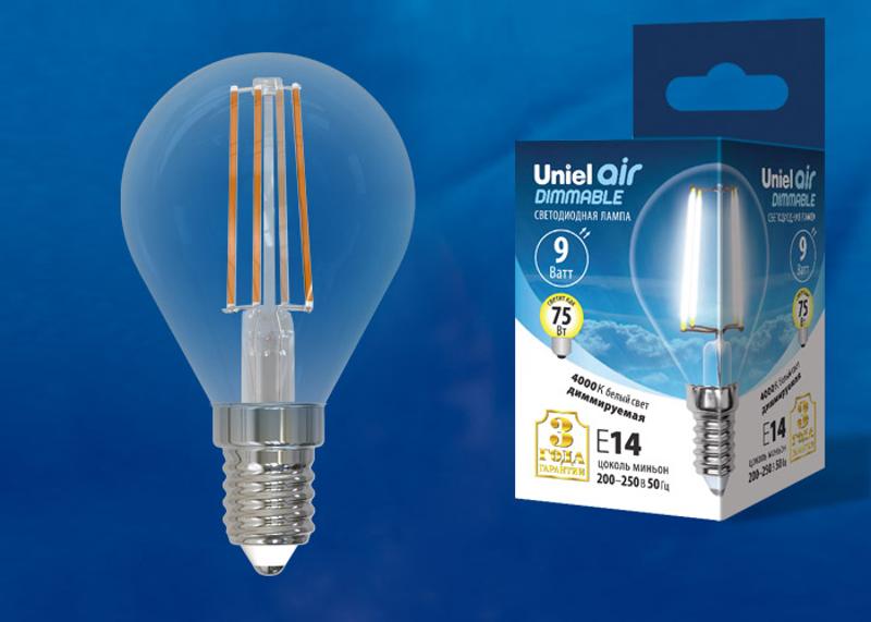 Лампа светодиодная LED-G45-9W/4000K/E14/CL/DIM GLA01TR LED диммируемая. "шар", прозр серия Air. 4000K