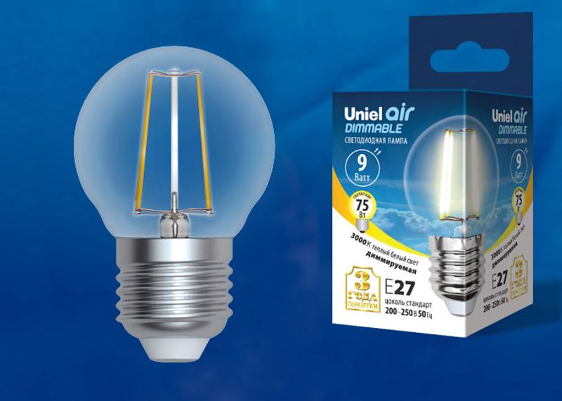 Лампа светодиодная LED-G45-9W/3000K/E27/CL/DIM GLA01TR LED диммируемая. "шар", прозр серия Air. 3000K