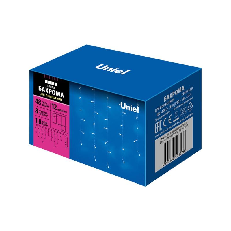 Бахрома без коннекторов светодиодная  с контроллером ULD-B1805-048/DTA WHITE IP20  1,8 м. 48 диодов, шнур прозр.