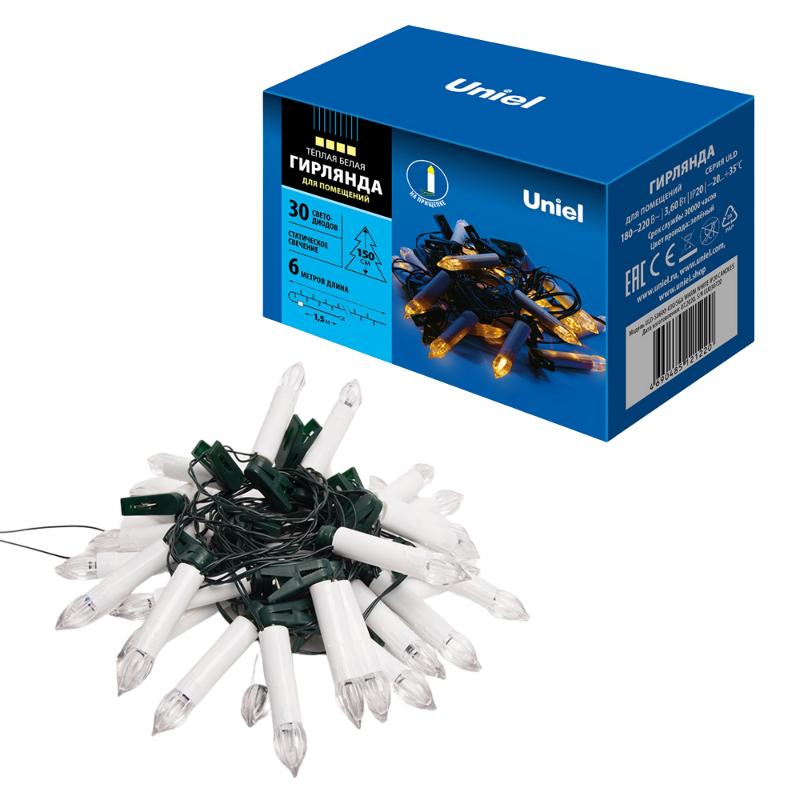 Гирлянда светодиодная  «Свечки» ULD-S0600-030/SGA WARM WHITE IP20 CANDLES    6м. 30 светодиодная . 3000К шнур зел.