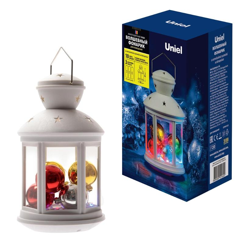 Фонарь с диодов  гирляндой внутри  ULD-L1220-010/DTB/RGB WHITE  на батарейке  10 диодов , RGB свет,режим мигания, белый корпус