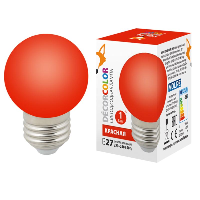 Лампа светодиодная LED-G45-1W/RED/E27/FR/С декоративная LED. "шар", матовая. Цвет красный