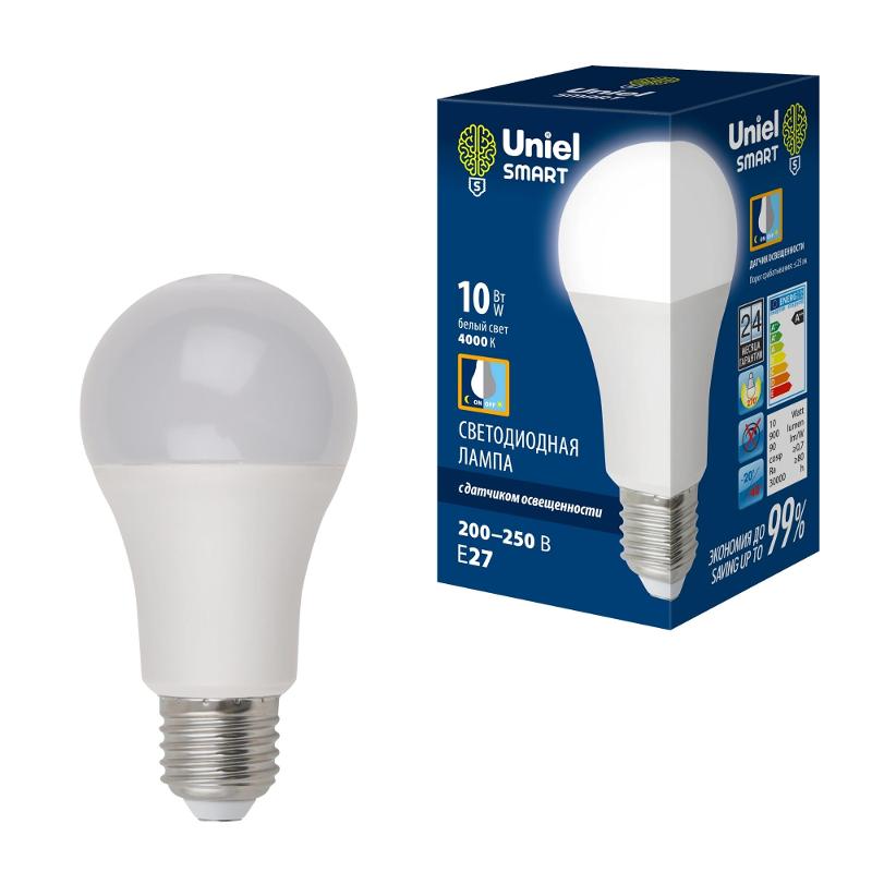 Лампа светодиодная LED-A60-10W/4000K/E27/PS PLS10WH LED с датчиком освещенности. "груша" мат.. 4000К