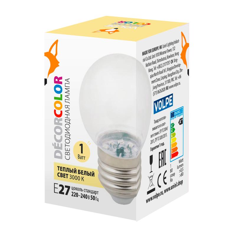 Лампа светодиодная декоративная LED-G45-1W/3000K/E27/CL/С "шар" прозрачн. теплый бел. свет (3000К) картон