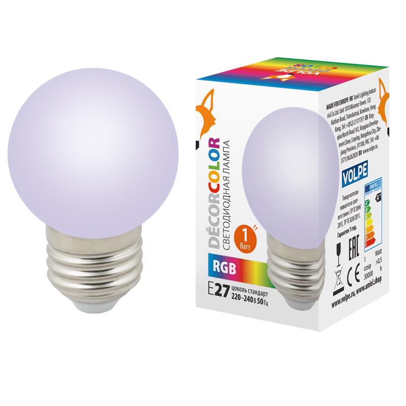Лампа светодиодная LED-G45-1W/RGB/E27/FR/С декоративная LED. "шар", матовая. Цвет RGB