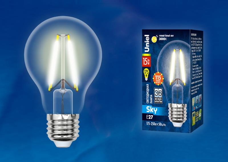 Лампа светодиодная LED-A60-15W/3000K/E27/CL PLS02WH LED. "груша" прозр. Серия Sky. 3000К .