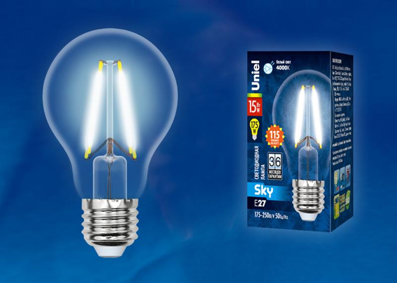 Лампа светодиодная LED-A60-15W/4000K/E27/CL PLS02WH LED. "груша" прозр. Серия Sky. 4000К .