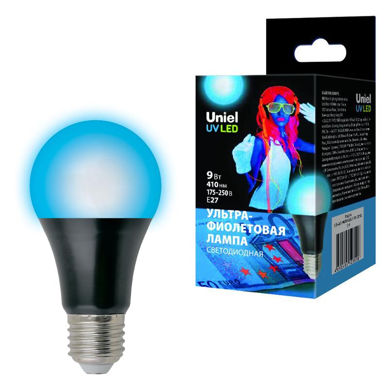 Лампа светодиодная LED-A60-9W/UVAD/E27/FR PLZ07BK LED ультрафиолетовая для дискотек . Спектр UVA 410нм