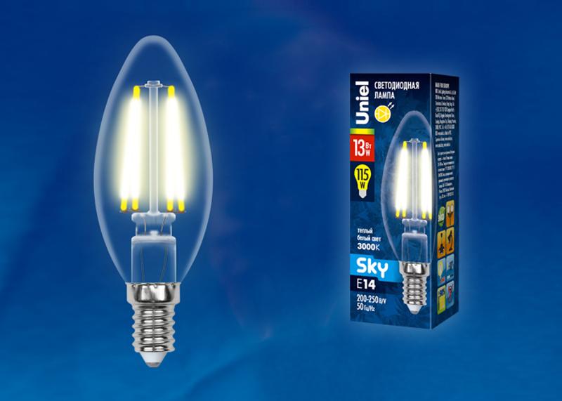 Лампа светодиодная LED-C35-13W/3000K/E14/CL PLS02WH LED. "свеча", прозр. Серия Sky. 3000К .