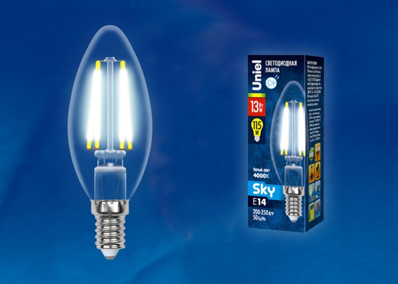 Лампа светодиодная LED-C35-13W/4000K/E14/CL PLS02WH LED. "свеча", прозр. Серия Sky. 4000К .