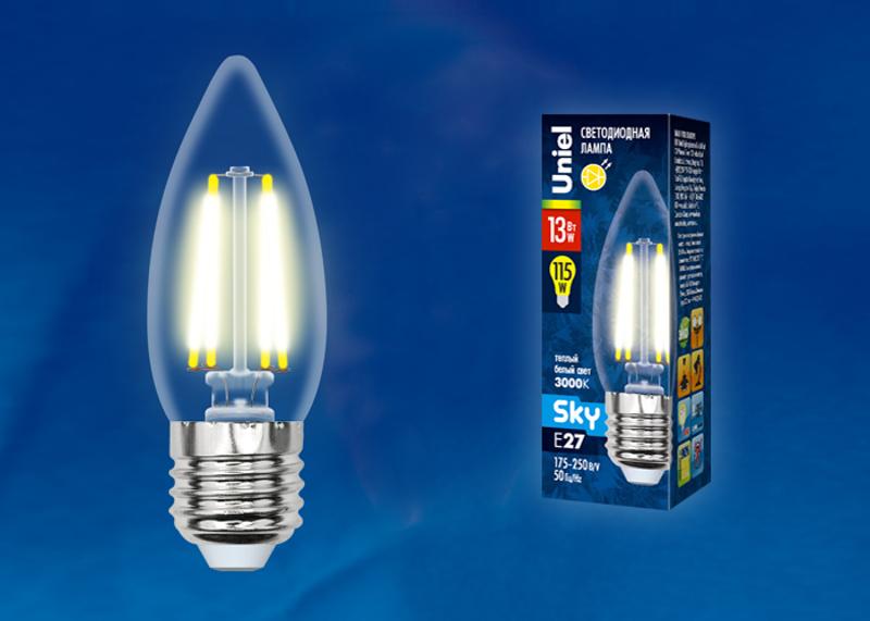 Лампа светодиодная LED-C35-13W/3000K/E27/CL PLS02WH LED. "свеча", прозр. Серия Sky. 3000К .